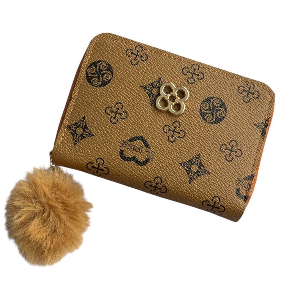 Caramel Color PU Leather Sweet Wallet with PomPom NEW